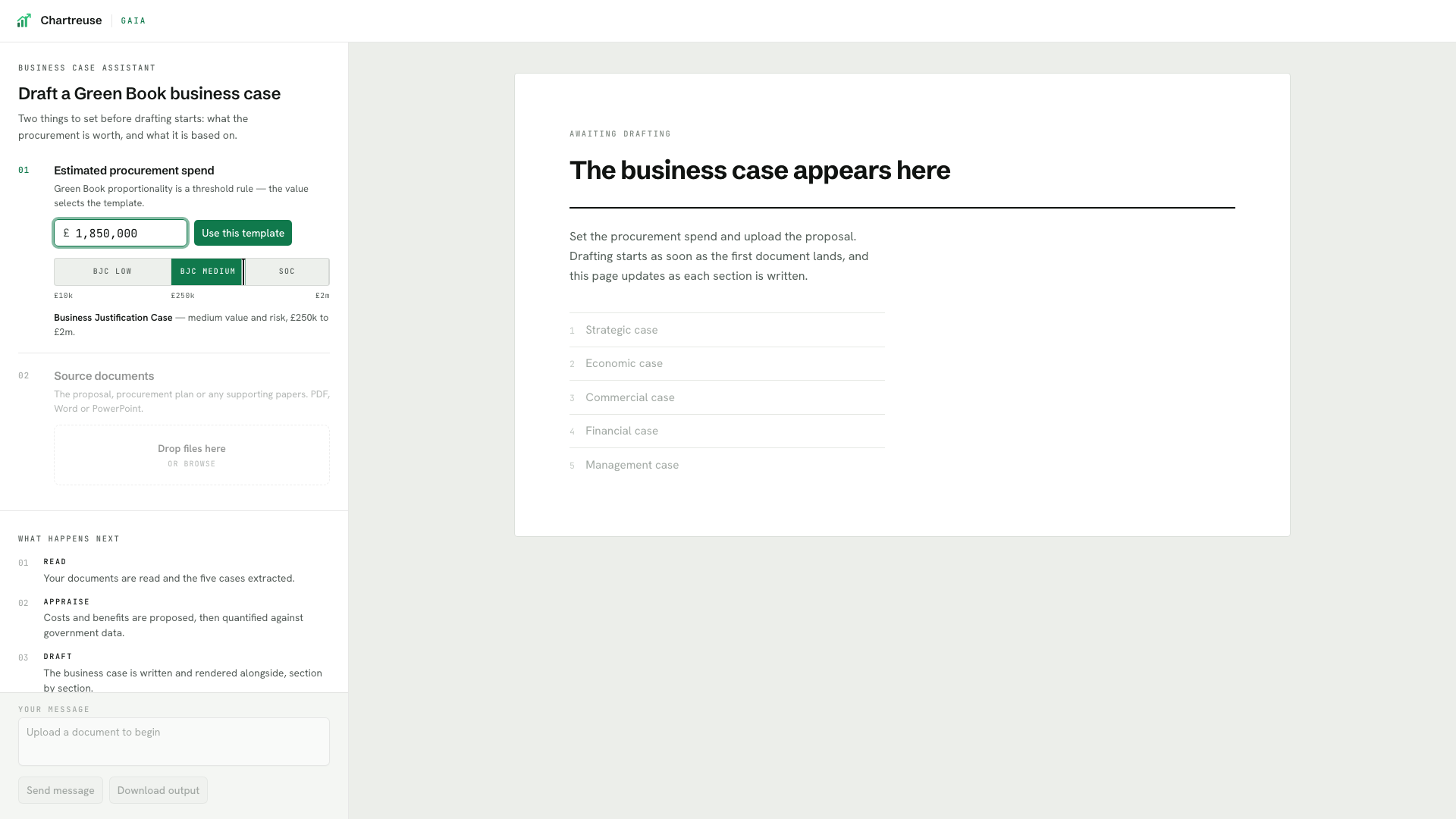 GAIA's opening screen: the procurement spend selects the business case template, and source documents are uploaded alongside