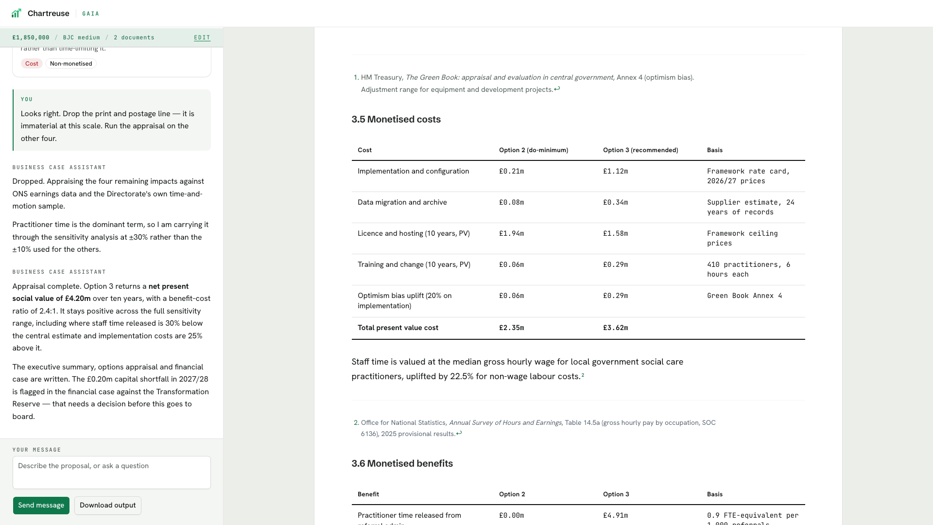 A drafted business case in GAIA: the monetised costs table of the economic case with sourcing footnotes, alongside the appraisal conversation