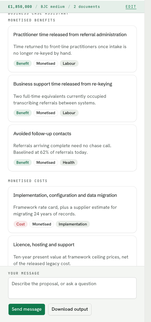 Monetised benefits and costs proposed by GAIA, each tagged for the economist to accept or drop