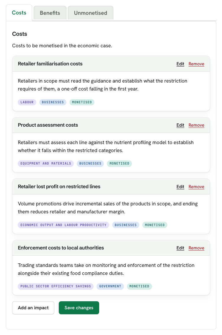 GAIA's costs, benefits and unmonetised impacts as editable cards, each tagged with its category and whether it will be monetised, with controls to edit or remove any of them