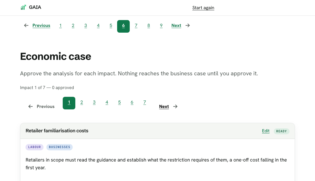 The GAIA app on step 6 of 9, Economic case: the nine-step navigation across the top with step 6 highlighted, and below it the first of seven impacts marked ready for the economist to approve
